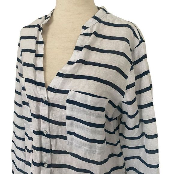 Zara Linen Navy White Stripes Button Roll Sleeves Pockets Blouse Shirt Medium - Picture 3 of 10